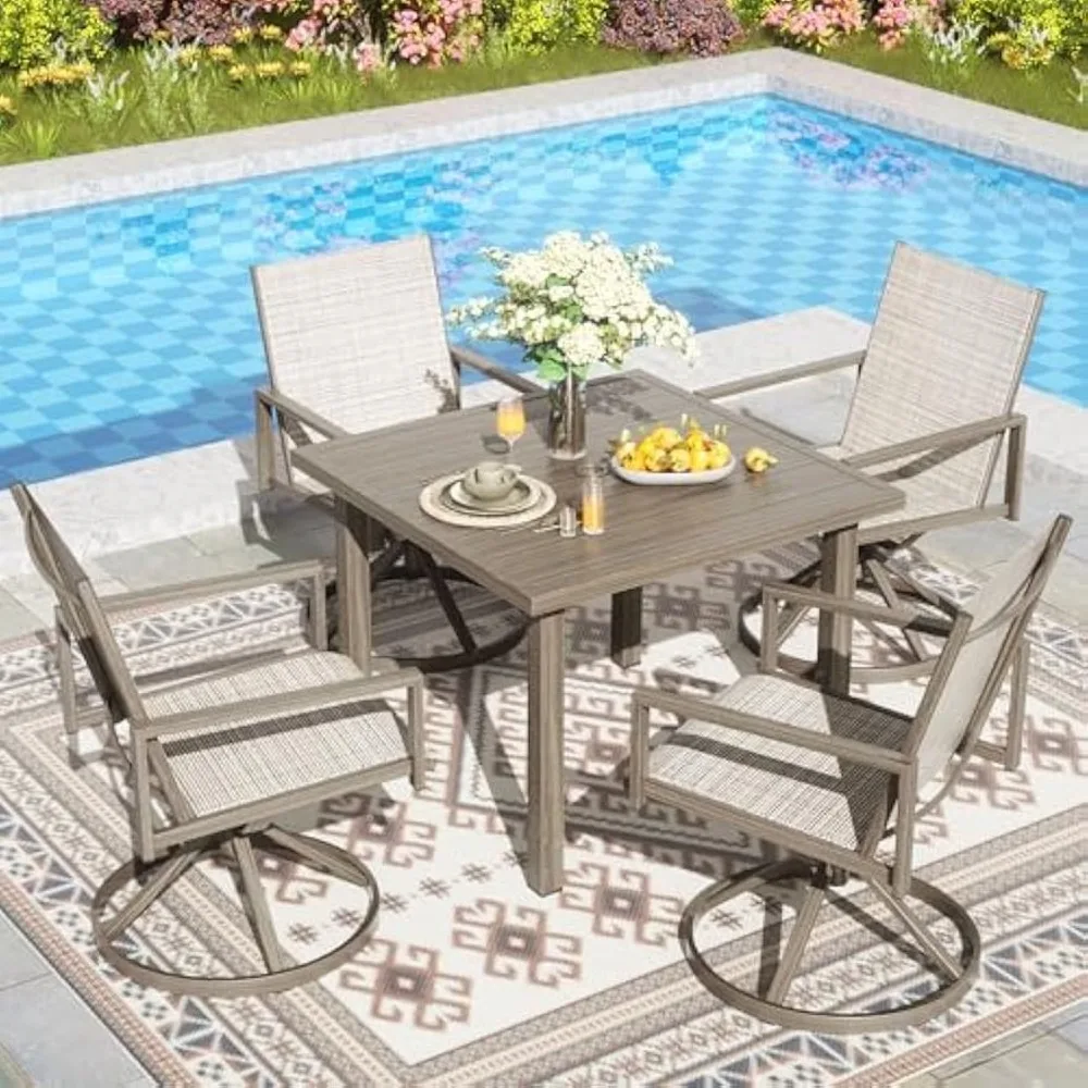 

Natural Expressions Patio Swivel Dining Set of 5, 4-Piece Mesh Sling High Back Chairs, 1-Piece 38" Square Woodgrain Steel Dining