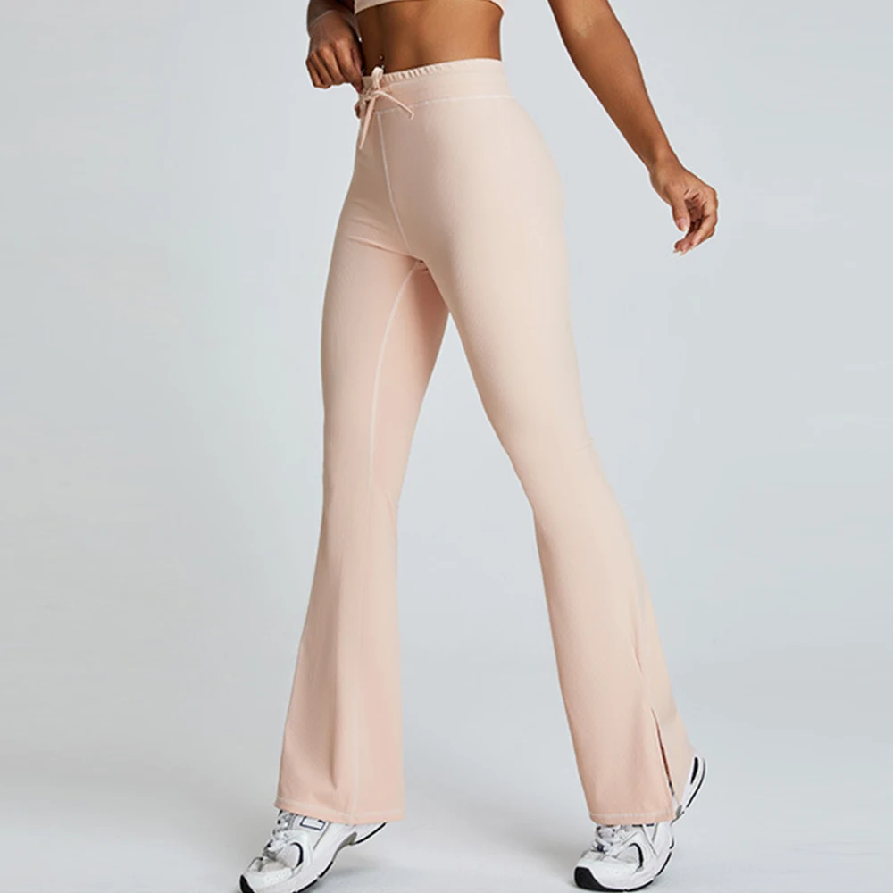 Women High Waist Threaded Flare Pants Slim Solid Color Pants Elastic Butt Lift Skinny Yoga Leggings Gym Fitness Runing Pants