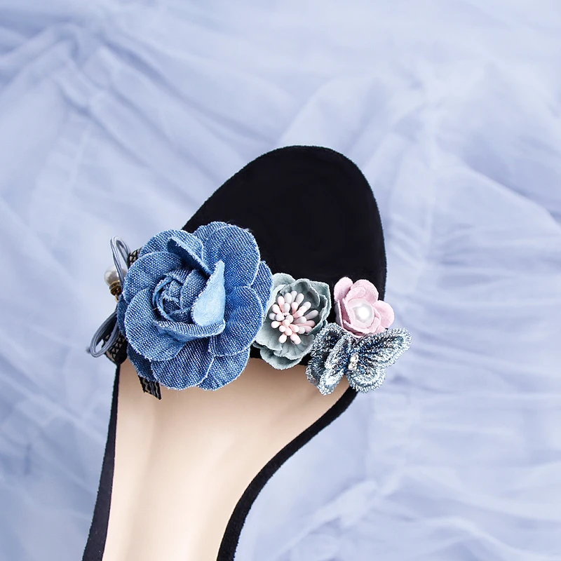 Black Suede Chunky Square Heel Sandals Blue Flower One-button Ankle Strap Female Summer Hollow Confortable Daily Wear Pumps