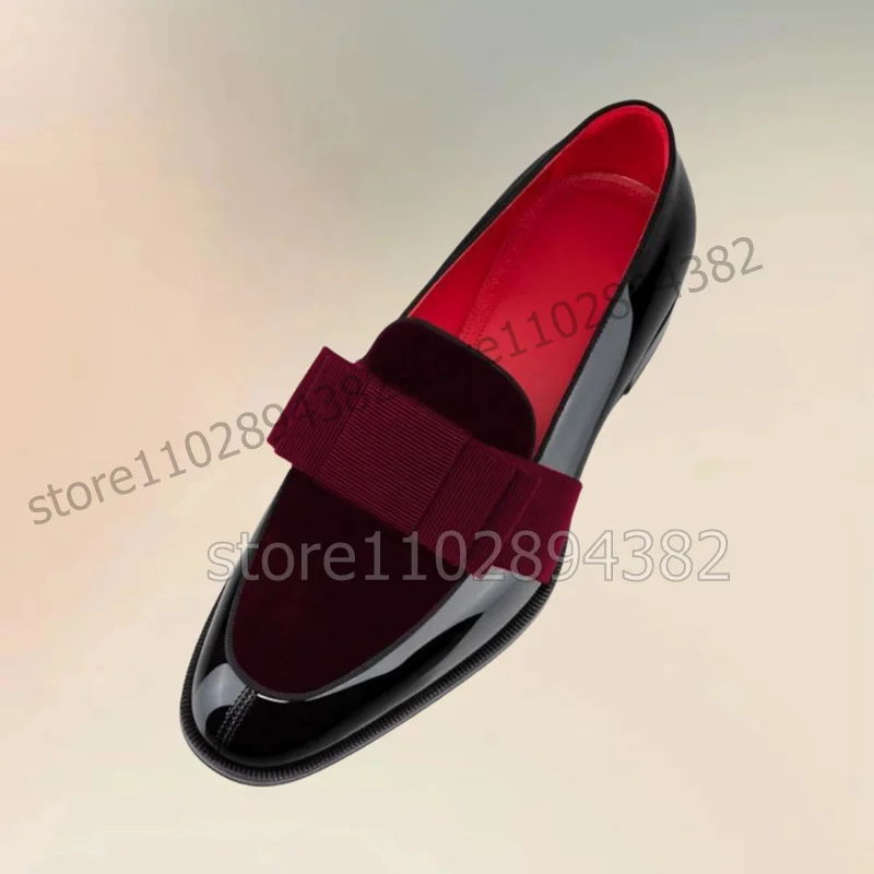 Red Blue Bow Knot Decor Black Patent Leather Loafers Fashion Slip On Men Shoes Luxurious Handmade Party Office Men Dress Shoes