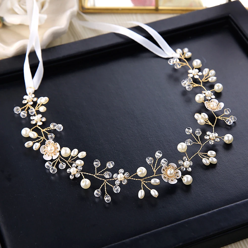 

Pearl Headb Women Bridal Wedding Hair Accessories Elegant Rhinestone Adjustable Ribbon Fits Most Prom Party Evening Flowers Clip