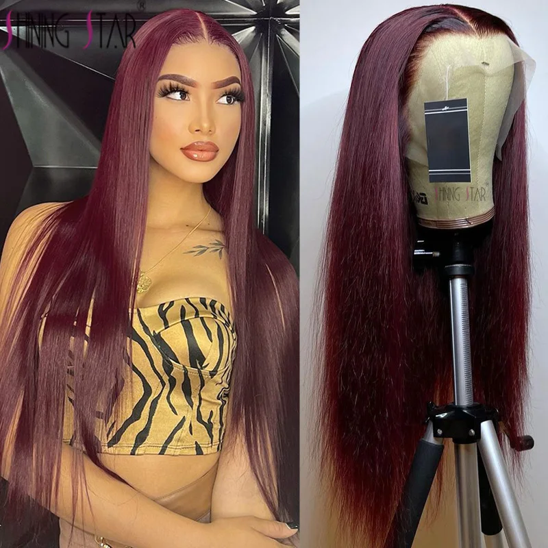 34Inch 13x6 Burgundy Red Straight Lace Front Wigs Human Hair Wigs Colored 99J 13x4 Transparent HD Lace Frontal Human Hair Wigs