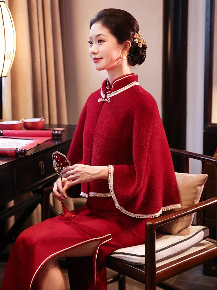 

Red Fce Lined Thiened awl for Wedding Dr Autumn Winter New Bride Drinking Ceremony Warmth Outerwear