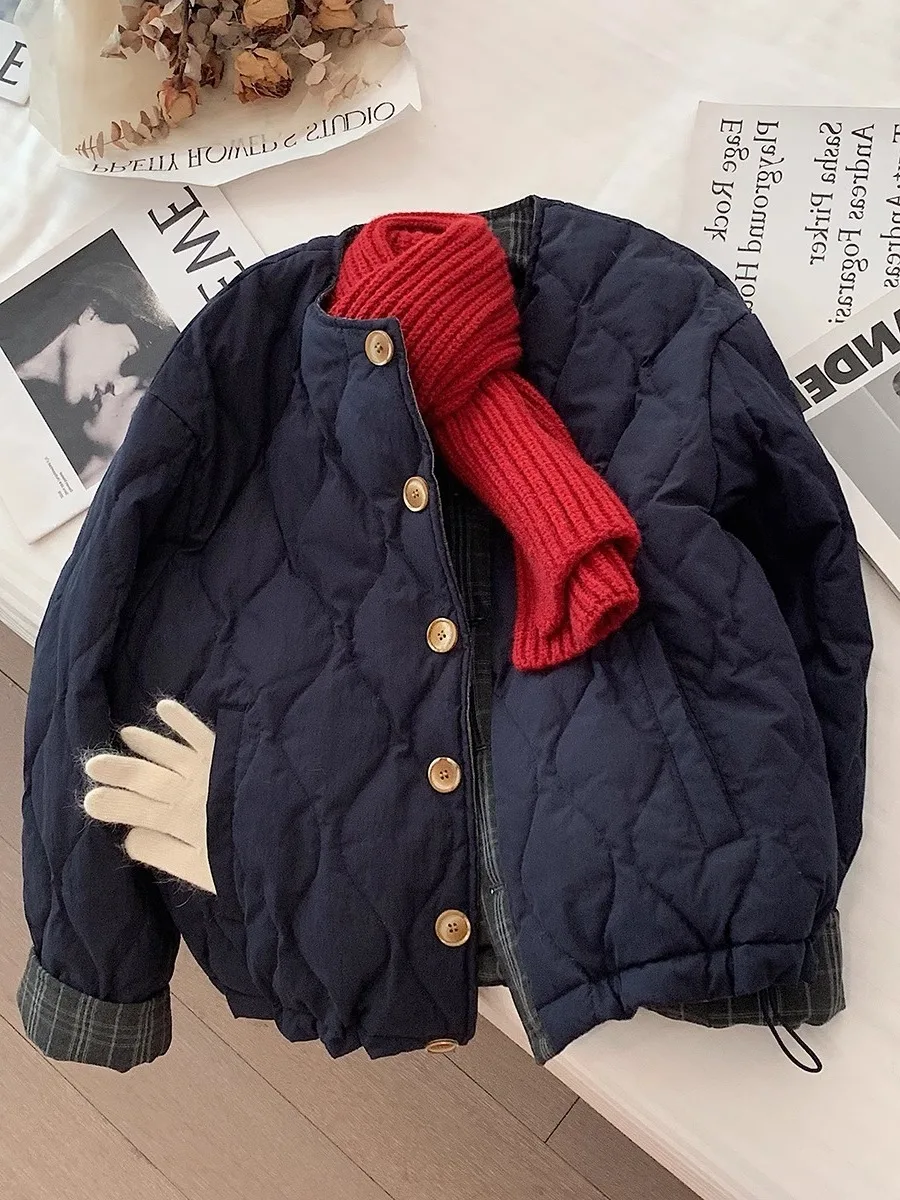 

Американское ретро-пальто из хлопка с клетчатыми вставками и ромбовидным узором, высококачественное, для мужчин и женщин, осенне-зимнее, уникальный дизайн, особенное хлопковое пальто