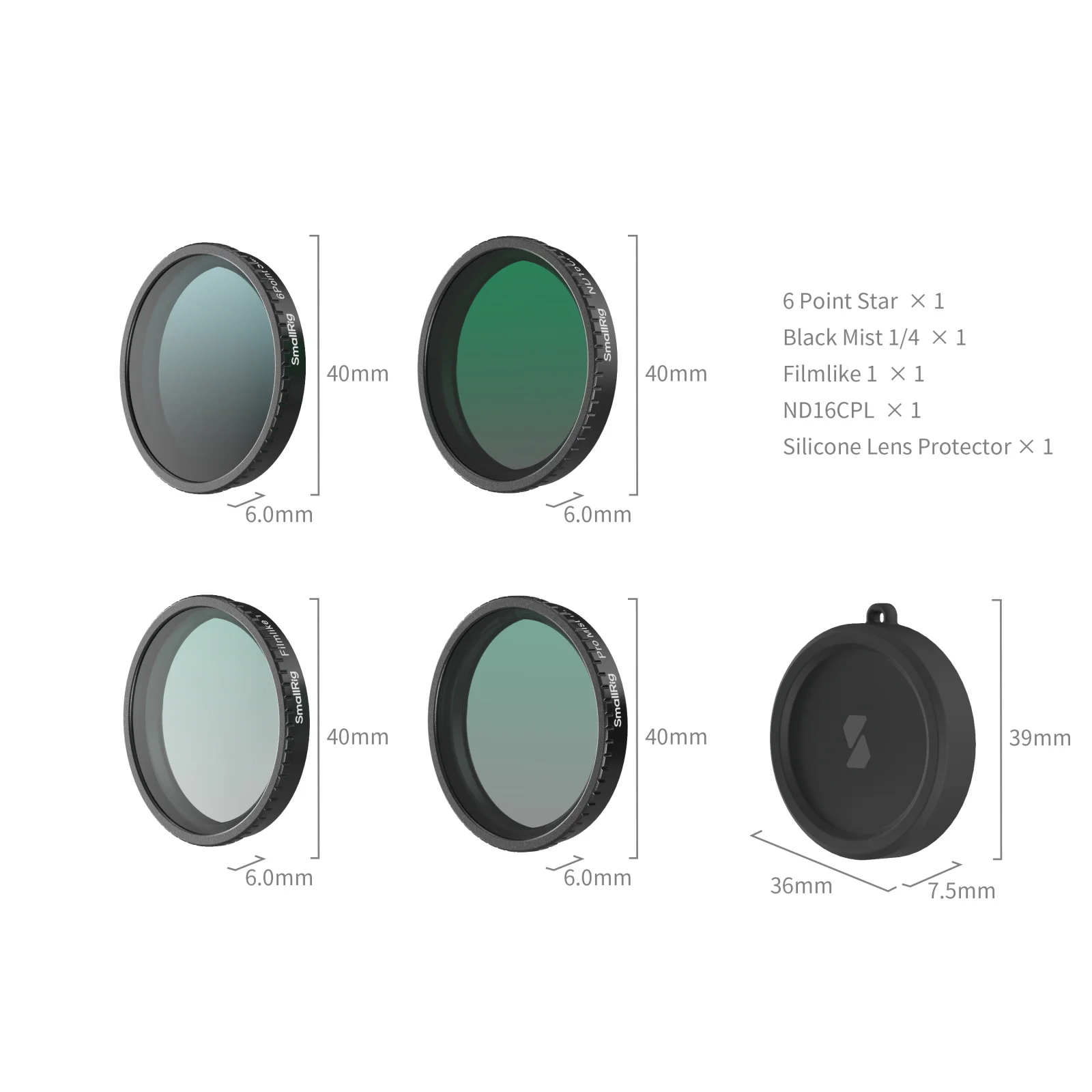 SmallRig Filterkit voor DJI Osmo Action 5 Pro/4, 5-in-1 lensfilterset met 1/4 Black Mist, ND16/CPL, Star-Cross, Film Simulator