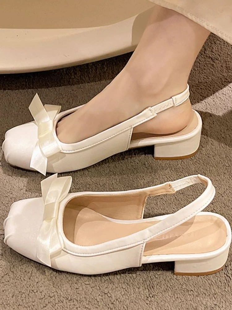 

Sweet Solid Square Heels Sandals Women Summer New Elegant Bow French Ballet Shoes Female Fairy Gentle Style Mary Jane Shoes 2024