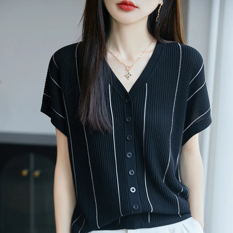 صيف جديد 100% ليوسيل المرأة قصيرة الأكمام عادية اللون منعت تي شيرت برقبة على شكل v فضفاضة وعصرية بلوفر مغزول #2