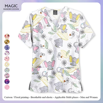 애완동물 간호 유니폼 여성 작업복 스크럽 탑, 포켓 2 개, 만화 인쇄 V넥 의료 반팔 티 블라우스