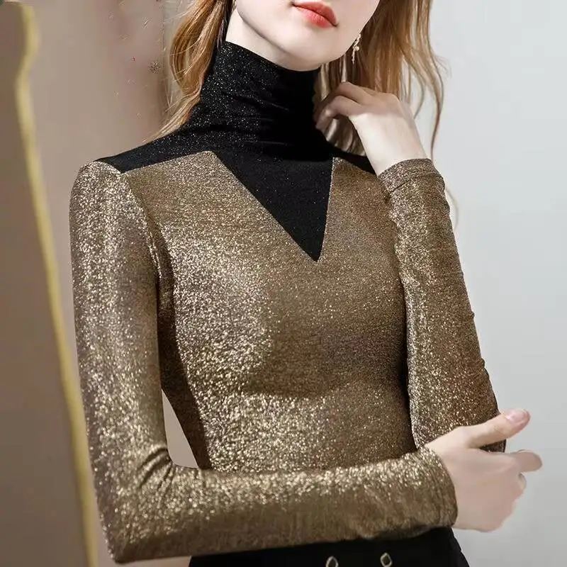 

Autumn winter sequin glossy gold turtleneck long sleeve jumpers Splicing warm slim plus size women tops pullovers