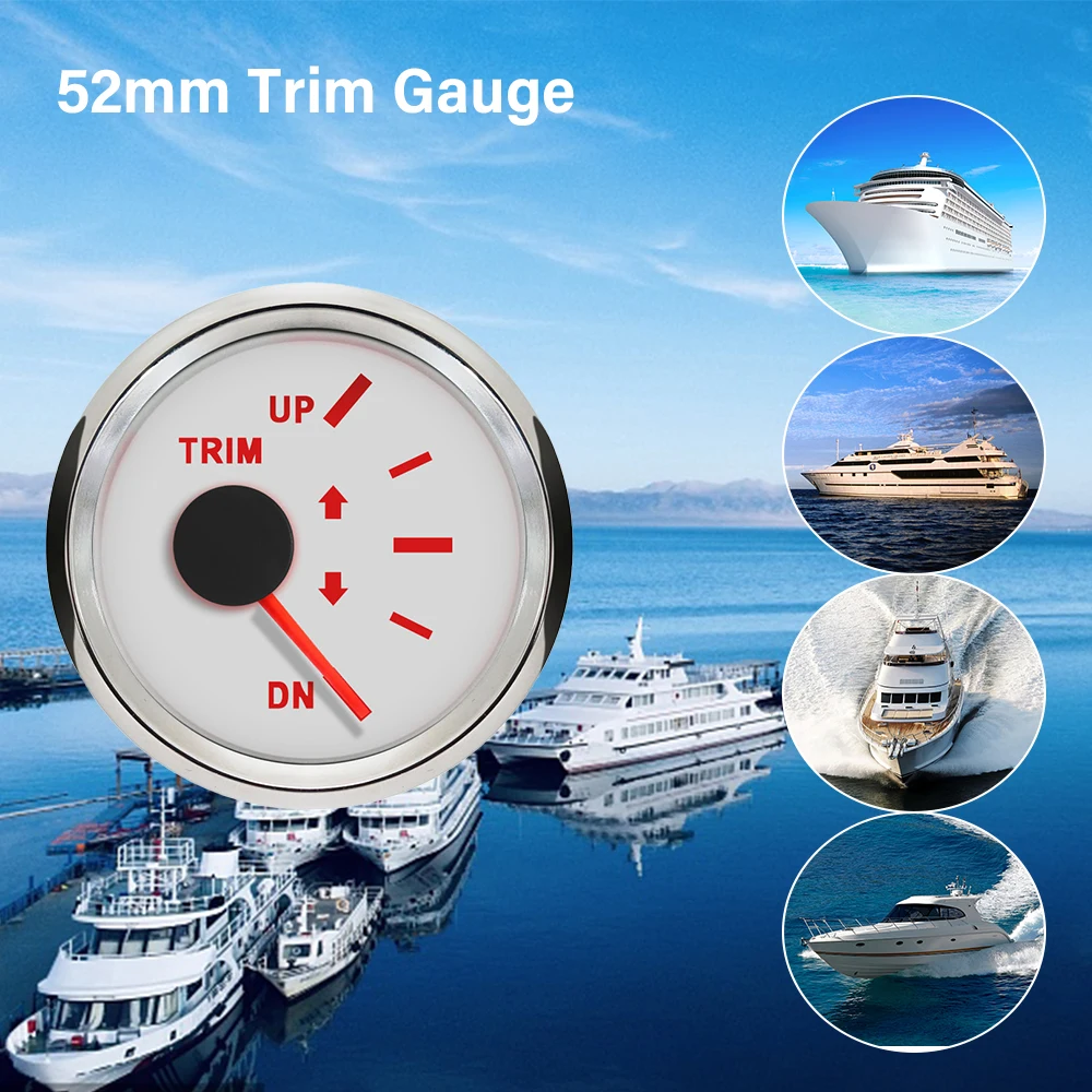 Rhaxel 52mm Trim Gauge Meter 0-190ohm Signal UP-DN Waterproof Trim Meter 9-32V With Red Backlight 12V 24V for Vessels Boat