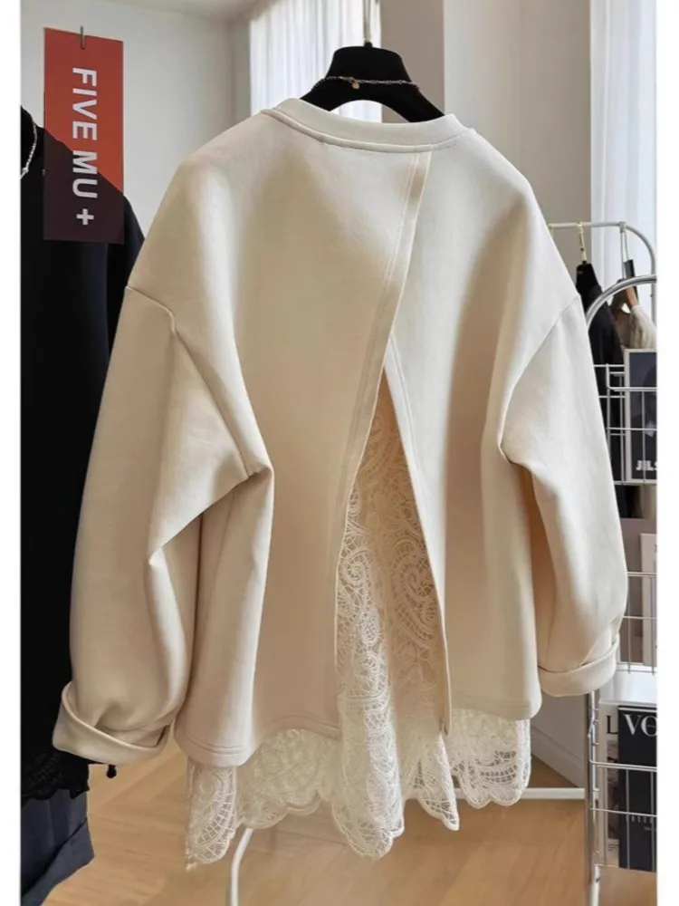 

Новый стиль, кружевной искусственный пуловер из двух частей, свитшот с круглым вырезом для женщин, весна-осень, свободный топ, модная повседневная однотонная толстовка