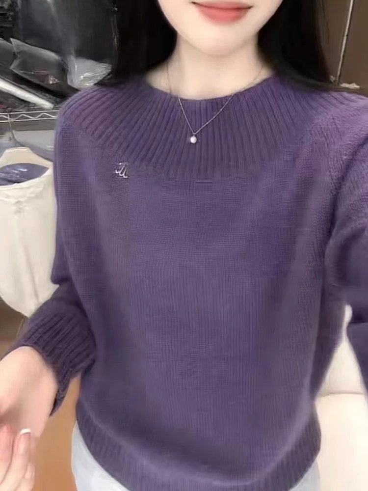 

Новая женская фиолетовая вязаная кофта с круглым вырезом и длинными рукавами для осени и зимы, в элегантном интеллектуальном стиле.