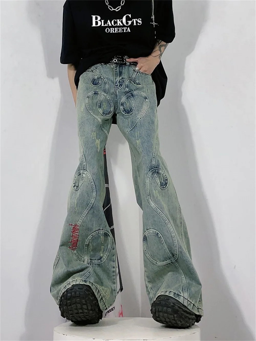 American Men And Women Street Loose Wide Leg Drag Casual Pants Y2k Retro Personalized Design Splicing Washed Micro Horn Jeans