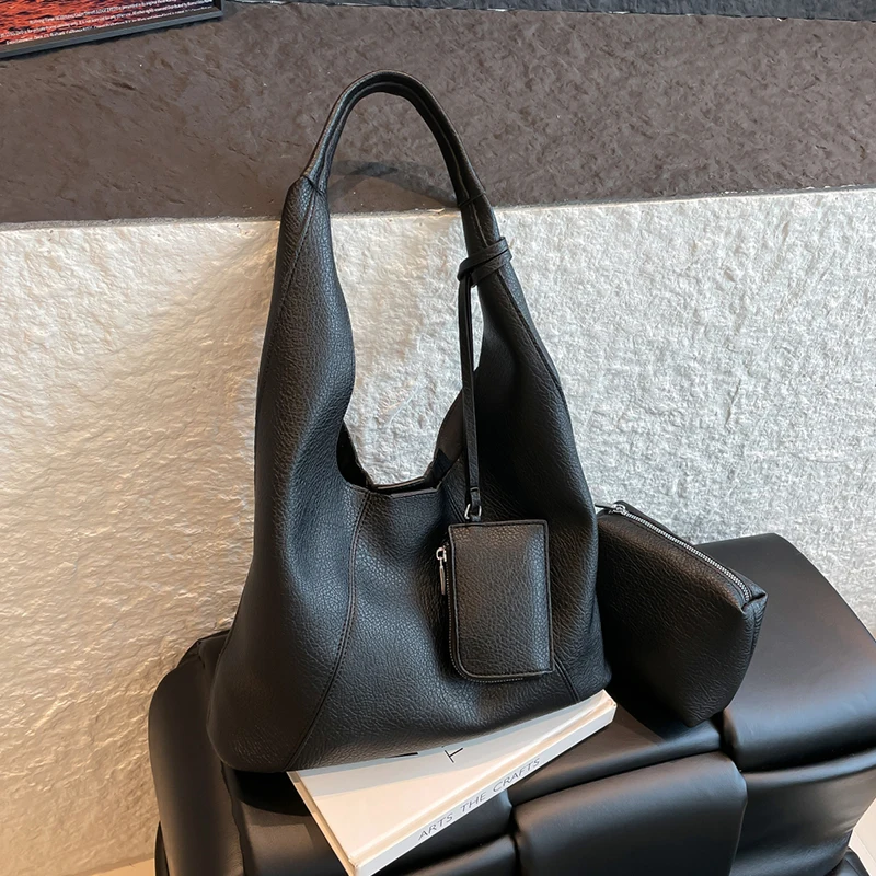 

Черная женская сумка 3 в 1, сумка через плечо, однотонная искусственная кожа, простая повседневная сумка для путешествий, сумки в стиле ретро, сумка-тоут под мышками