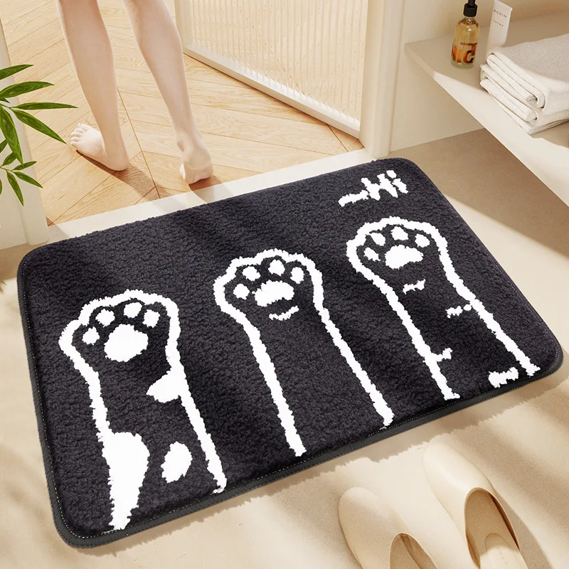 Cartoon Pet Footprints Thickened Flocked Bath Mat with Strong Water Absorption and Quick Drying Bathroom Rug Carpet