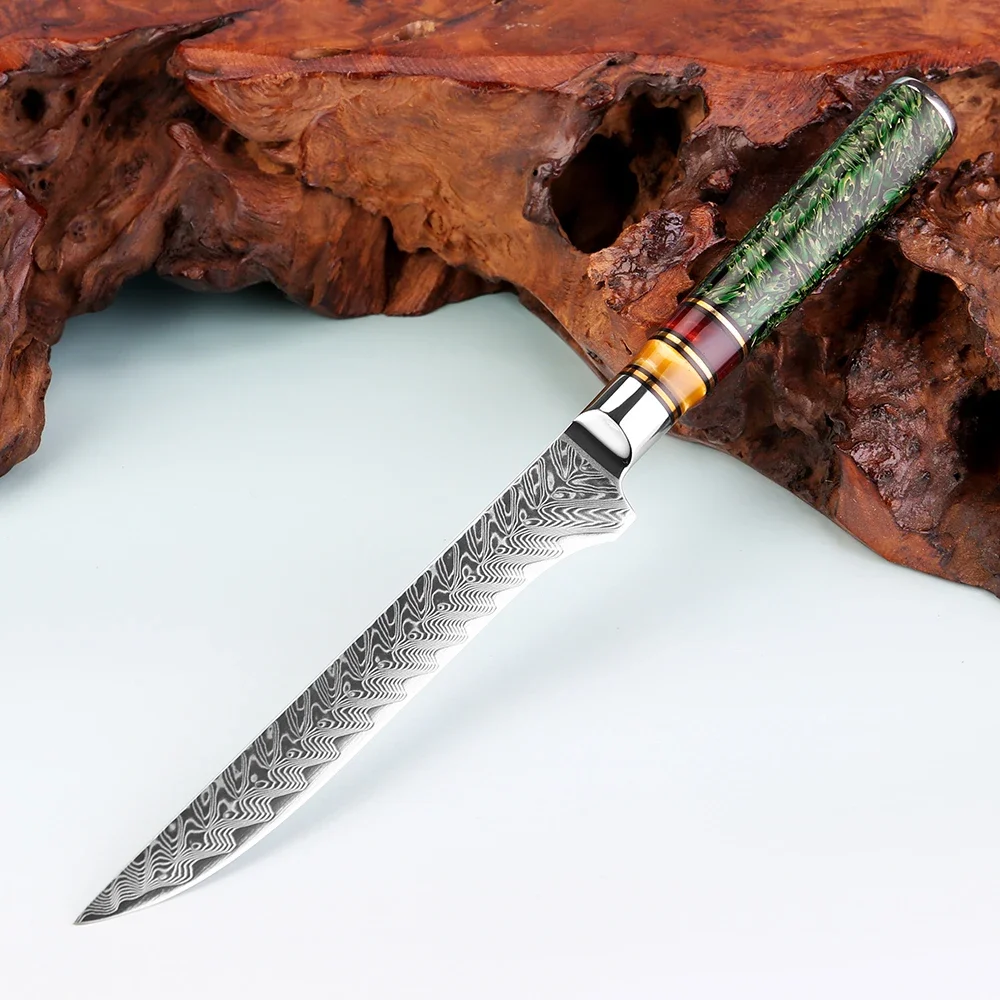 Hand-Forged Damascus Steel 6-Inch Boning Knife Rice Husk Resin Handle Home Kitchen Meat Slicing and Fish Filleting Knife