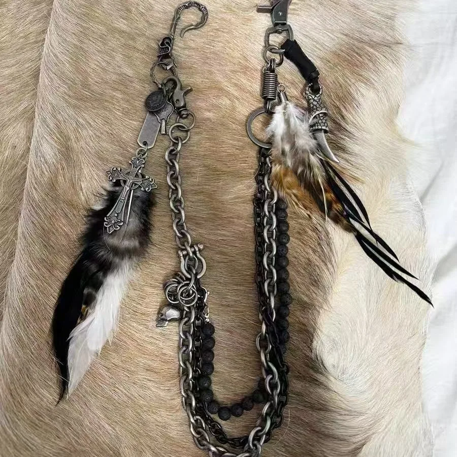 

Визуальное перо ручной работы с черепом и крестом, многослойный ретро-брелок для ключей, цепочка для брюк, ожерелье двойного назначения, универсальное