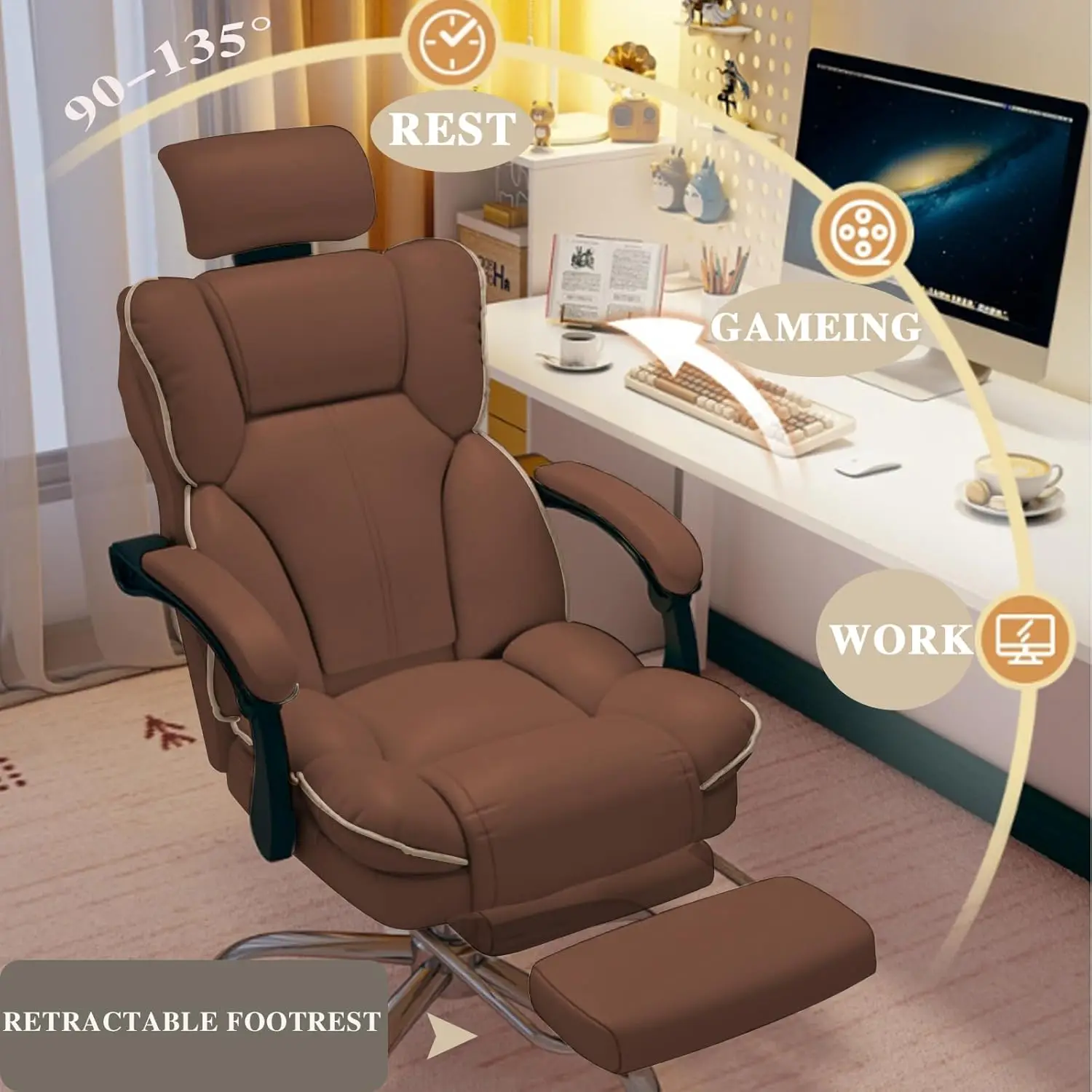 Executive Office Chair with Foot Rest High Back Office Chair Computer Gaming Chairs Big and Tall PU Leather Office Brown image 3
