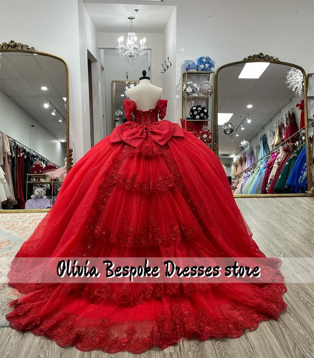 Appealing Red 15 Years Quinceanera Dresses Beads Crystal Lace Applique Bow Ruffles Ball Gown Birthday Party Dress Customized