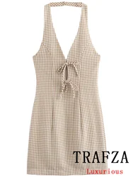 TRAFZA Vintage Casual Chic Plaid Women Dress Halter Zipper Beach Long Dress Fashion 2024 Summer Chic Boho Party Female Dress