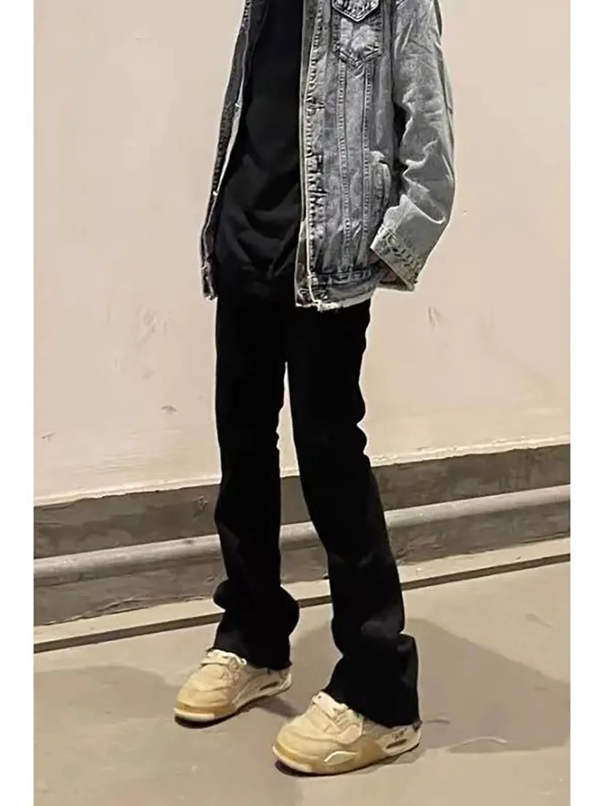 

Slim Fit Straight Leg Jeans Men's High Street Black Micro Flared Deconstructed Denim Pants American Style Cleanfit Leg Length...