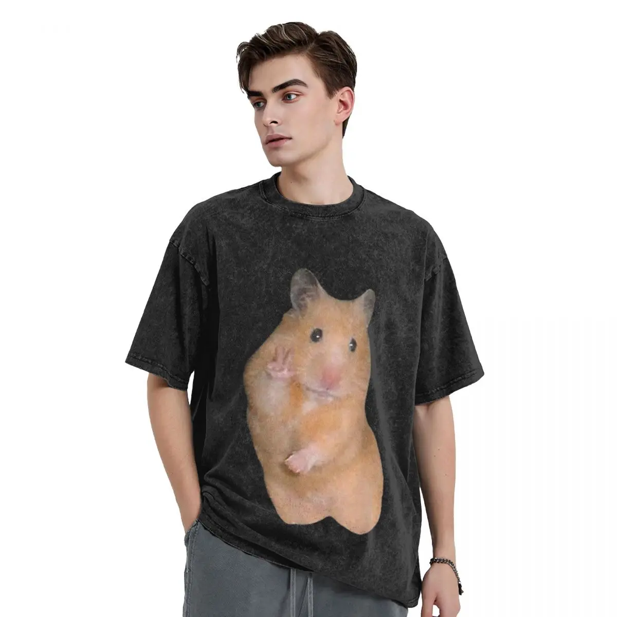 Hamster Meme With Peace Sign Washed T Shirts Vintage Short Sleeve Hip Hop T-Shirt Streetwear Tops Tees for Men Women
