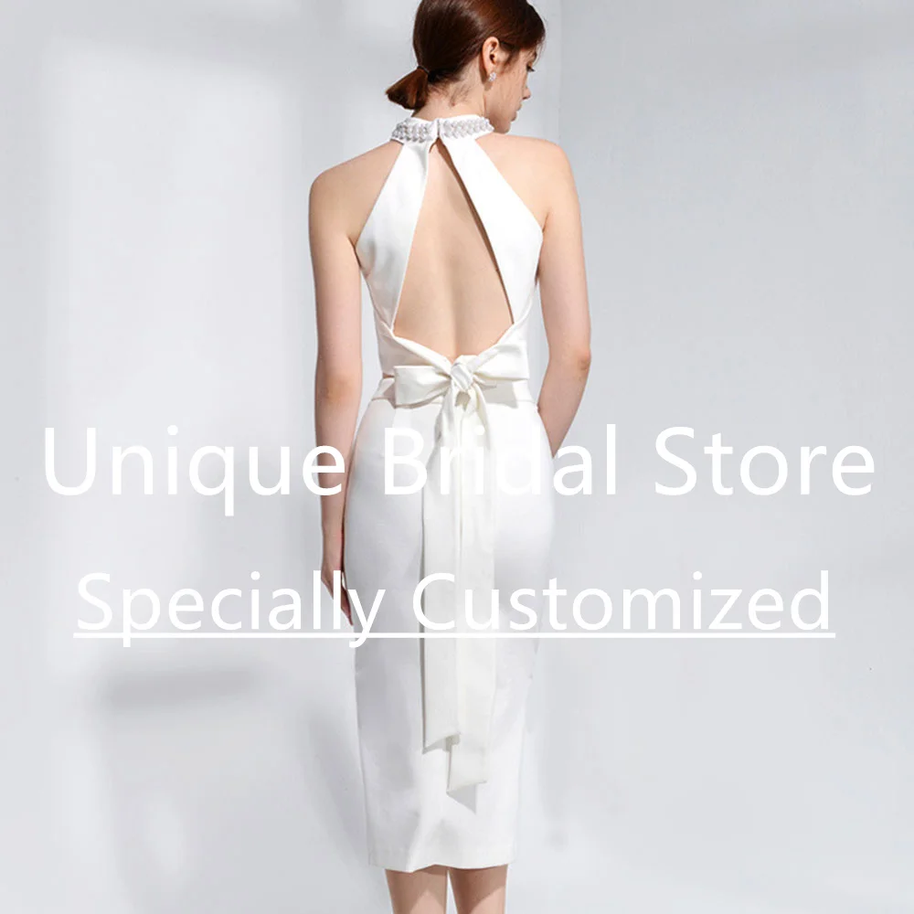 Customized Classic Short Jersey Wedding Gown Sleeveless With Beading High Neck Backless Lace Side Split Tea-Length New Design Br