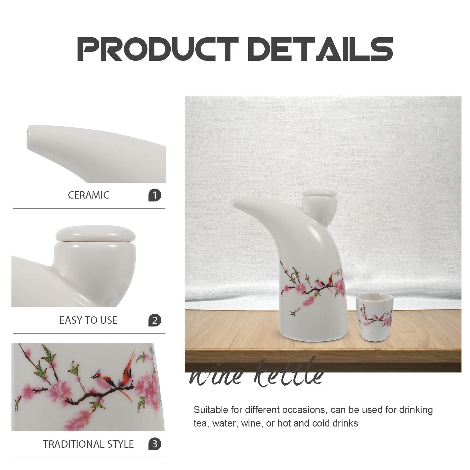 

1Set Traditional Ceramic Sake Kettle Wine Pot with Cups Exquisite Vintage Style Suitable for Tea Wine Hot Cold Drinks Home Bar