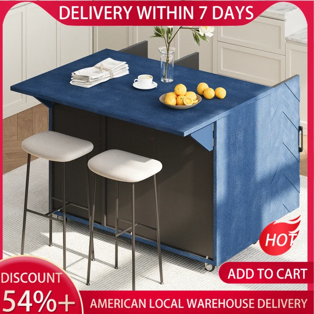 

51.2" W 3D Wave Stripes Ash Veneer Kitchen Island with Drop Leaf,Kitchen Island on Wheels，Internal Storage Rack,, Navy Blue