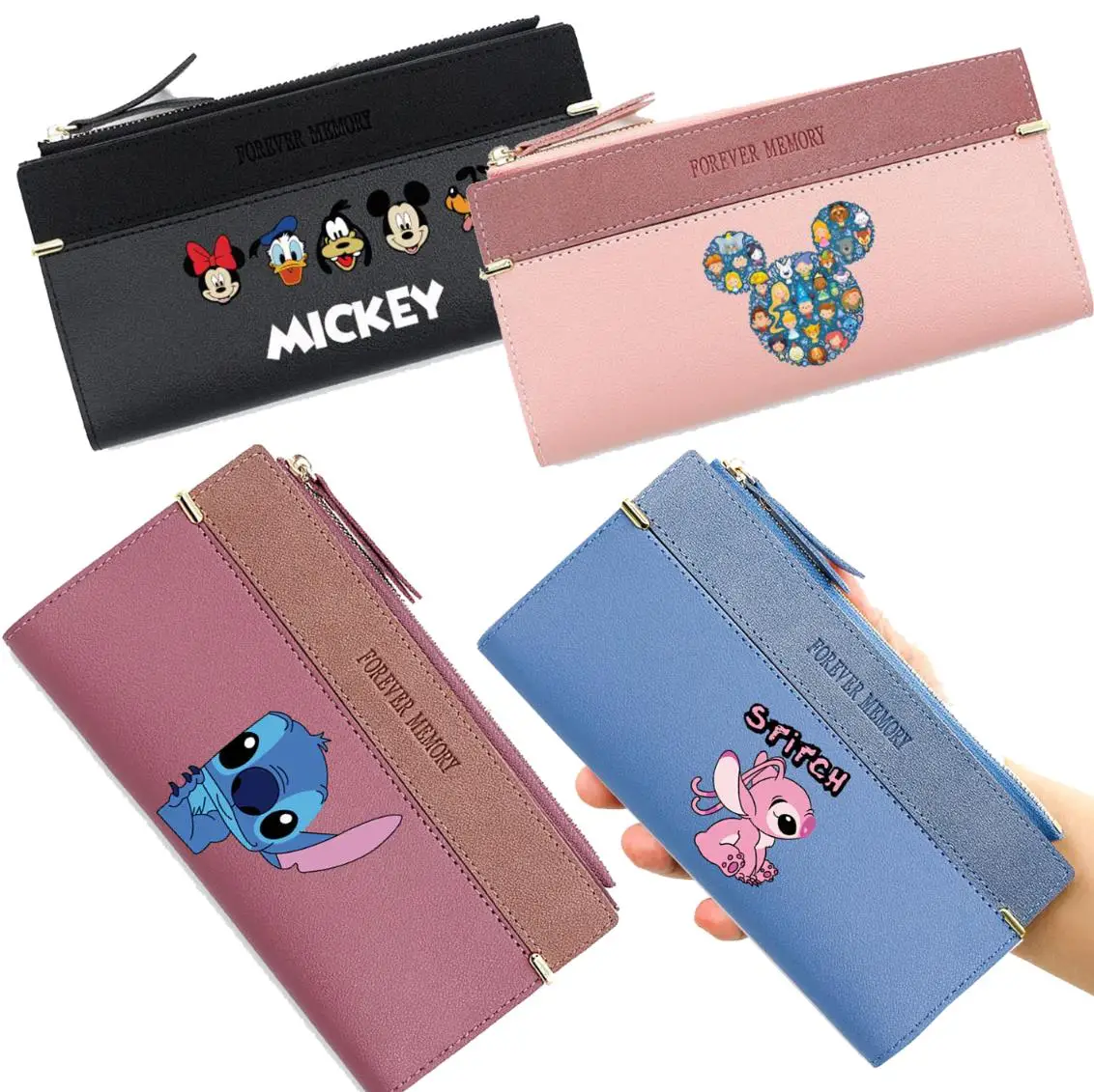 

2024 Disney Mickey Mouse Long Wallet for Women Cute Minnie Mouse Stitch Zipper Wallet Multi Slot Card Holders Girls Coin Purse