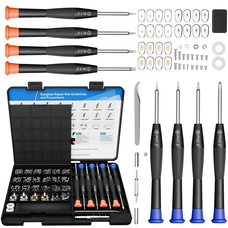 All in One Glasses Repair Kit 16 Sizes of Screws 12 Pairs of Nose Pads Tweezer Precision Screwdriver Set for Glasses Sunglasses