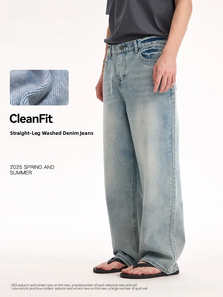 

Классические джинсы CleanFit Vintage Waed свободного кроя с прямыми штанинами из хлопка для мужчин, повседневные, городские, дышащие, со средней посадкой на талии, на молнии