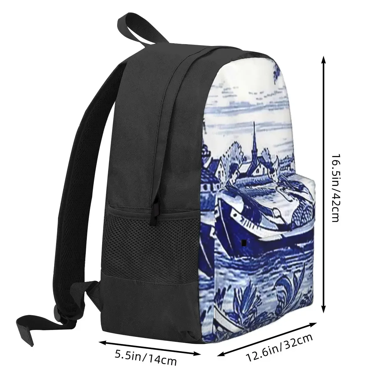Dutch Blue Delft Windmill Church And Sailboats Backpack Daypack Large Capacity BookBag School Bag Shoulder Bags for Men Women
