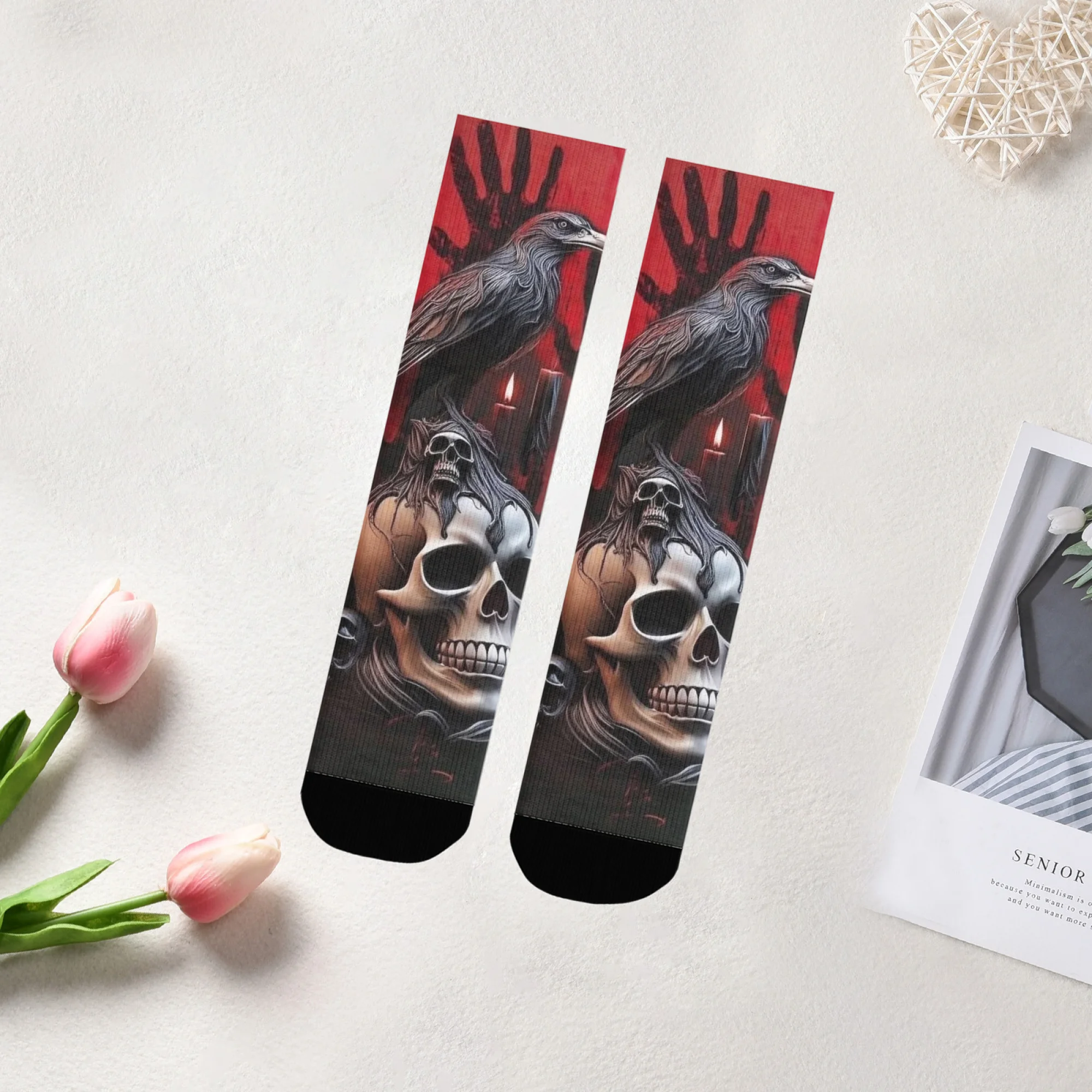 

Soft Creative Horror Socks Black Base with Artistic Skull-Crow Composition Blood-Hand Grips Candle Prints Daily Dark Fashion