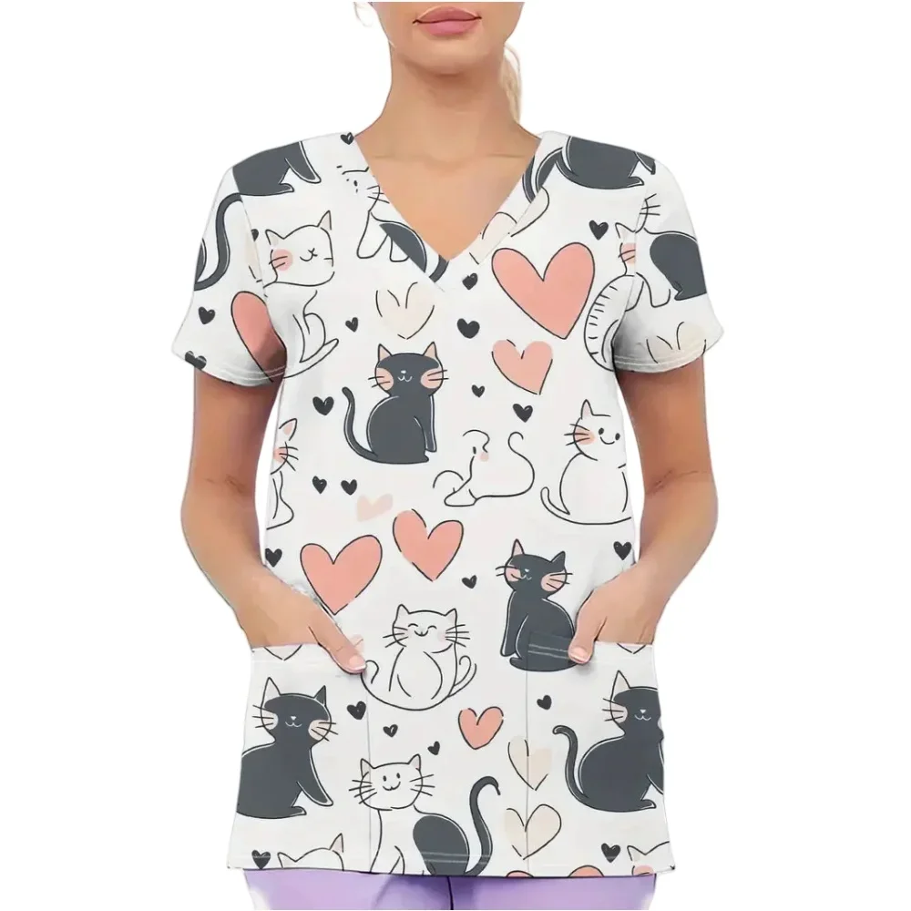 Клиническая униформа, женская модная ветеринарная форма с милым котом и мультяшным принтом, топы для кормления с карманами, летняя хирургическая униформа с короткими рукавами, женская