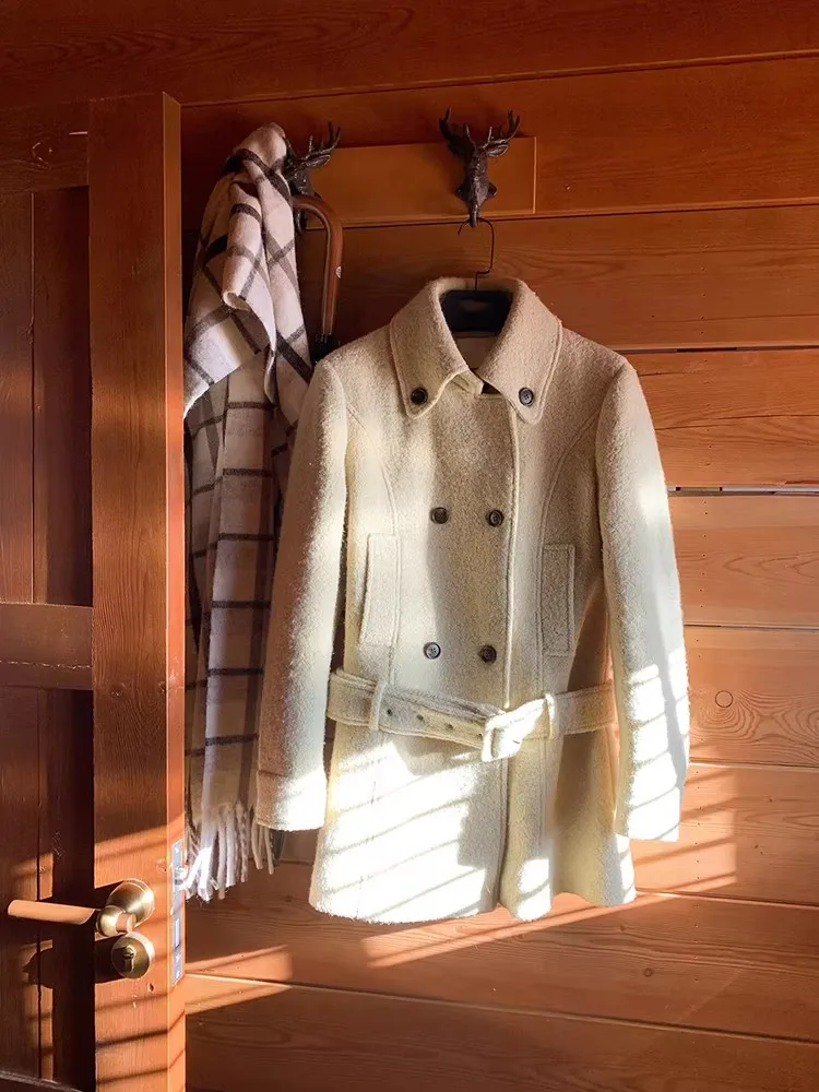 Coreano sle casaco de lã feminino duplo abotoado cintura-conchação ort casaco calor faion 2025 novo sle fibra de poliéster