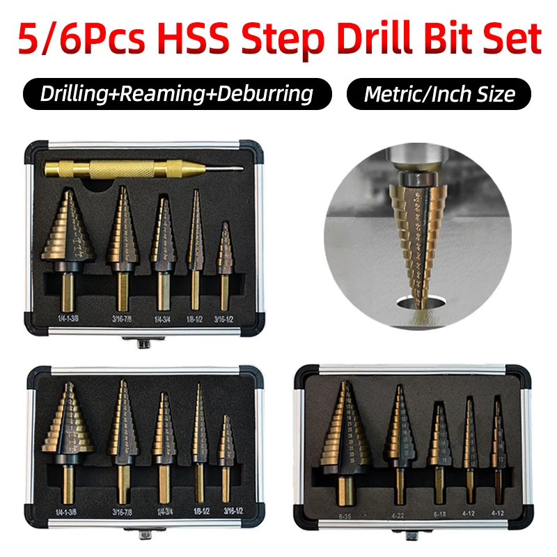 

Набор ступенчатых сверл HSS с нитридным покрытием, метрические/дюймовые конусные сверла, открывалка для отверстий, инструмент для сверления металла, дерева, автоматический центральный пробойник