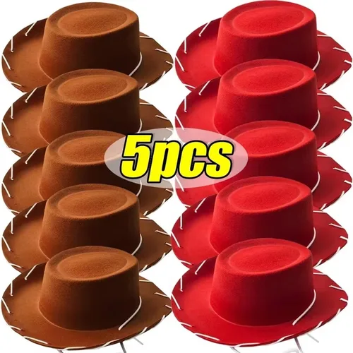 Imagen 2 del producto 1/5 Uds. Sombrero de vaquero Woody de fieltro marrón y rojo para niños gorra de vaquero de ala grande occidental ajustable deportes al aire libre escalada en el desierto
