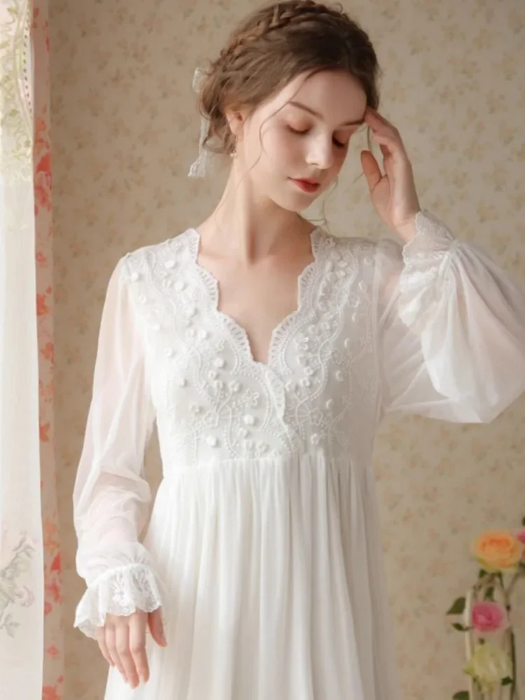 

Spring Autumn Night Gown Sweet French Night Dress Pajama Women Embroidery Lace Long Sleeve Nightgown Loungewear Mesh Dresses