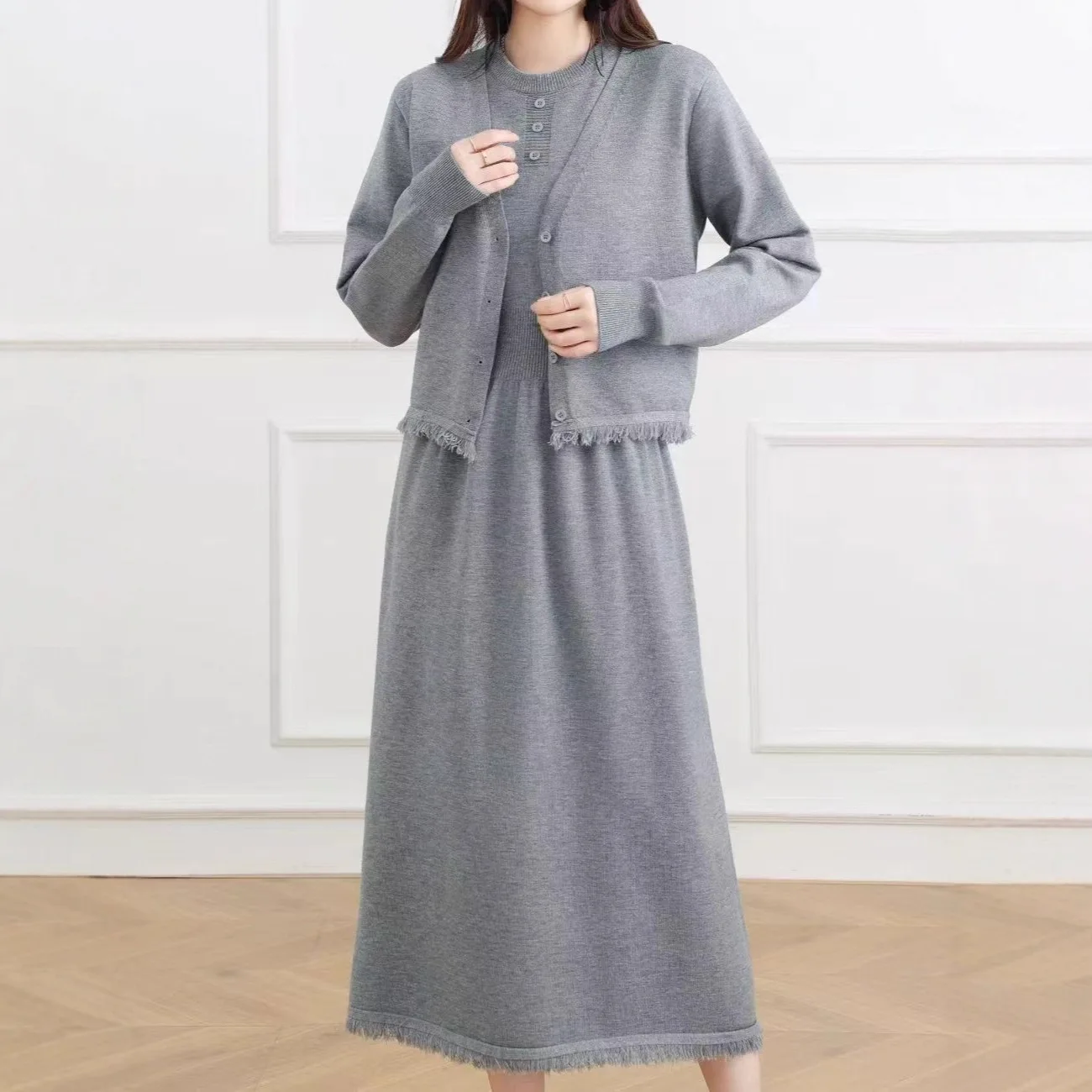 

Women Two Piece Sets Dress Set V Neck Full Sleeve Coats Tassel Long Dresses High Waist Y2k Streetwear Elegant Work Autumn Winter