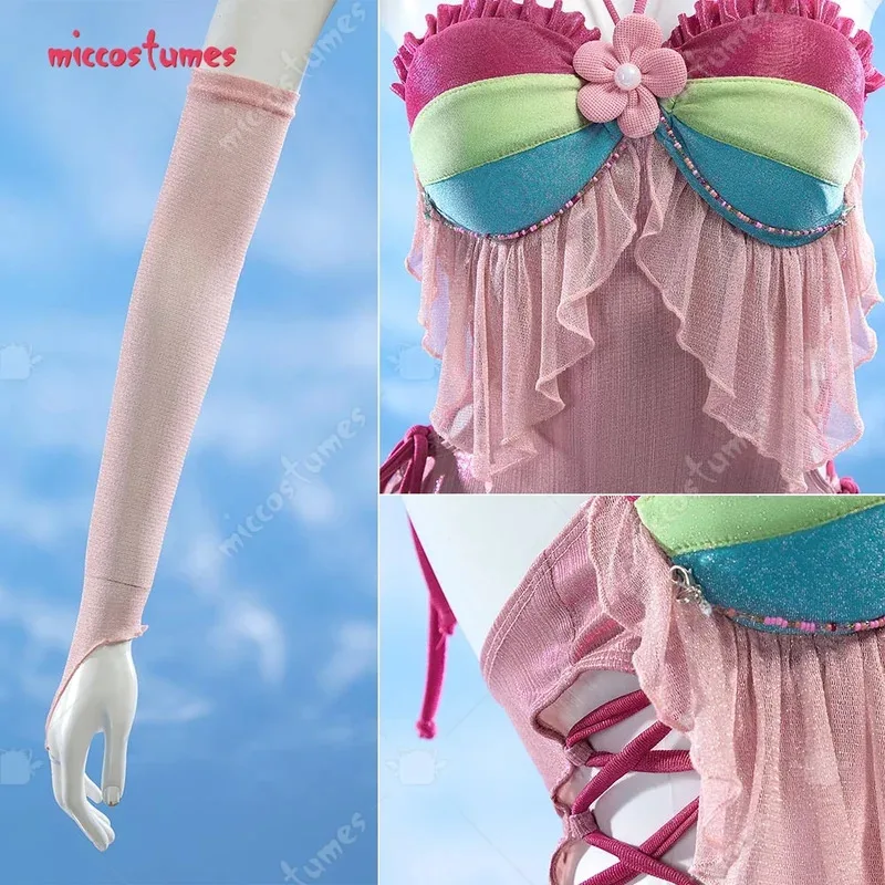 

Cyhaikyuu Women Fairy One Piece Swimsuit Pink Hollow Halter Bathing Suit with Sleeves Anime Cosplay Rave Outfit