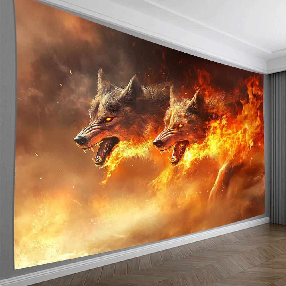 Flame Two-headed Wolf Digital printing polyester wall hanging tapestry decorative Living room bedrooms Office background gift
