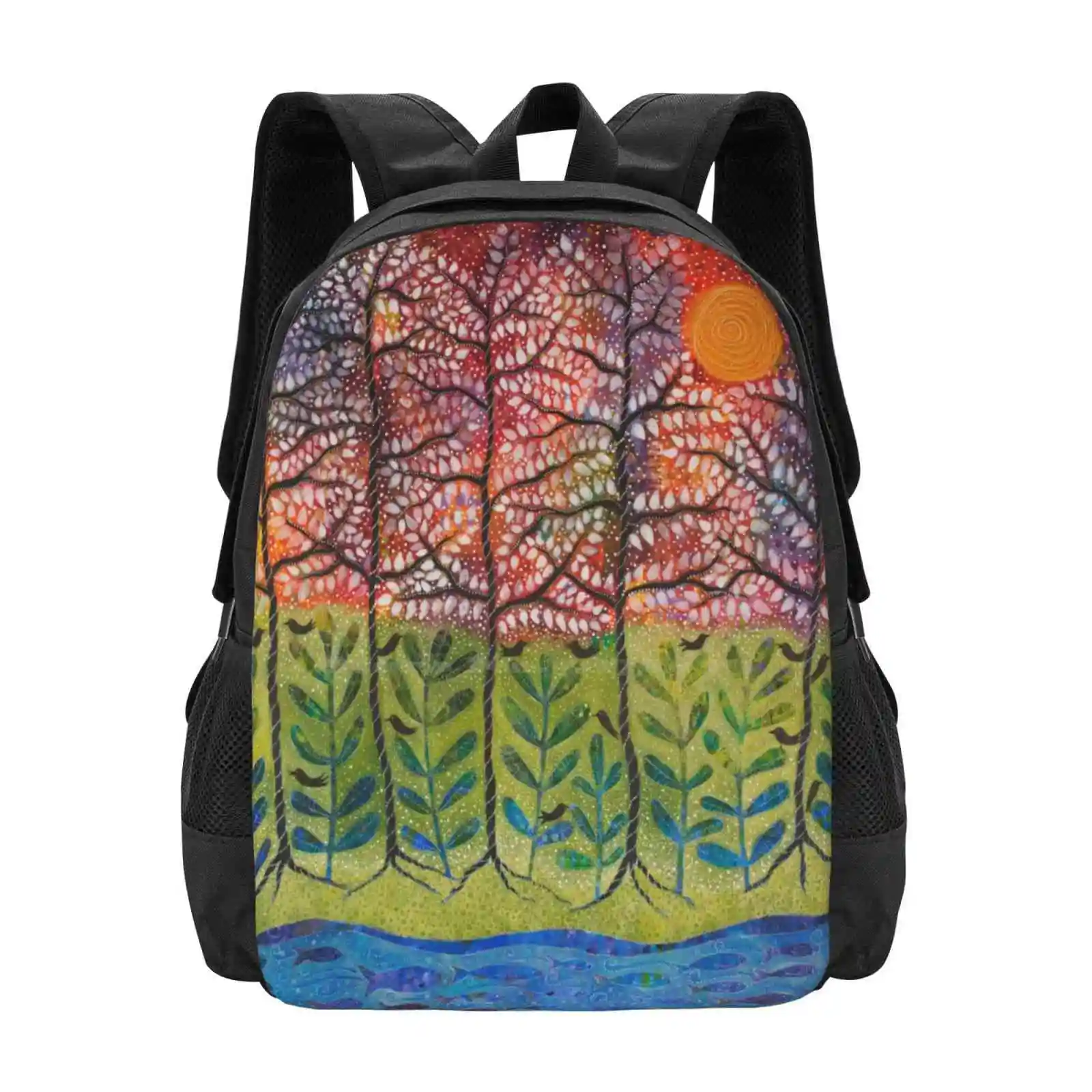 

" Love Is Energetic " Hot Sale Backpack Fashion Bags Trees Leaves Plants Garden Rainbow Sun Water Fish Botainical Birds