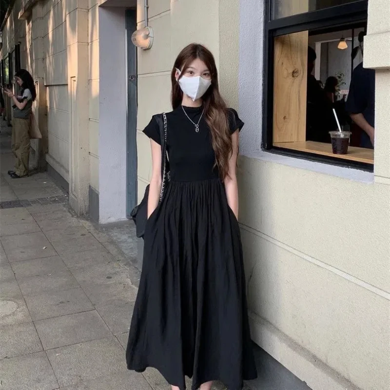 

Solid Pleated Slim A-line Long Dress Fashion Short Sleeve High Waist O-neck Dresses 2024 Summer Women Casual Chic Dresses