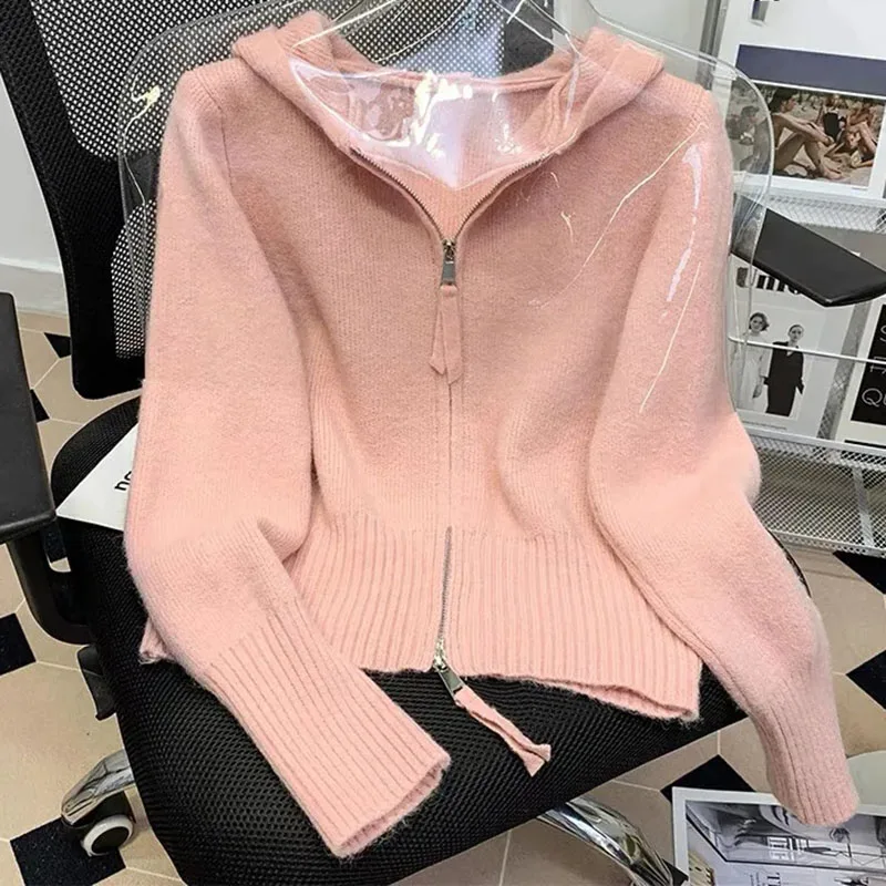 Ladies Half Zipper Sweater Outerwear Korean Women Solid Color Hooded Hoodie Tops Spring Autumn Female Knitting  Cardigan Jacket