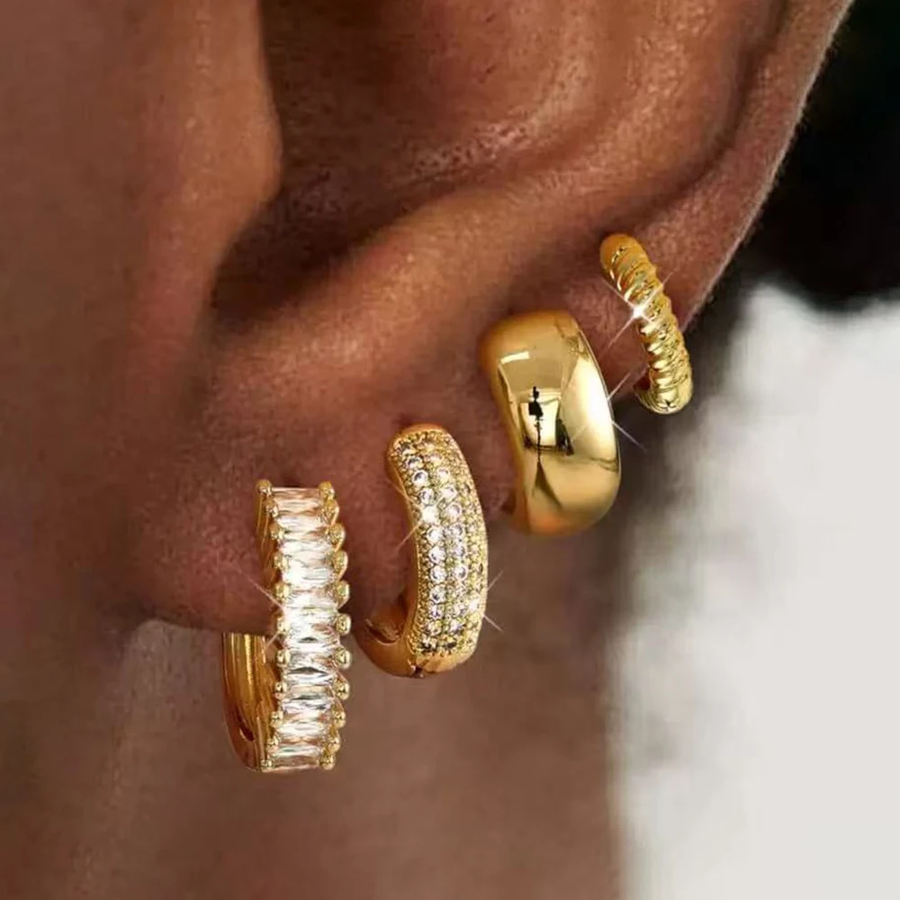 4PCS Exquisite Sparkling Multicolor Zircon Round Hoop Earrings Sets For Woman 14K Gold Plated Fashion Earring Party Jewelry Gift
