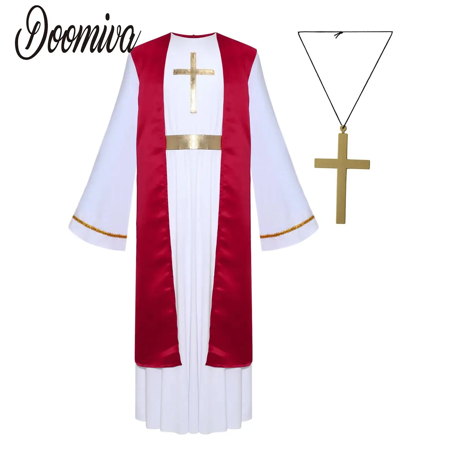 

Boys Girls Jesus False Halloween Costume Color Block Flare Sleeve Cross Pattern Long Dress Outfit and Matched Cross Necklace