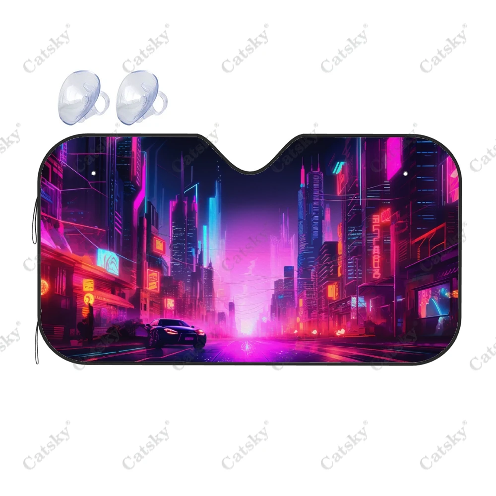 Neon Sunset Cityscape Car Windshield Sunshade, Front Auto Cars Sun Shade Blocks Uv Rays Sun-Visor Protector