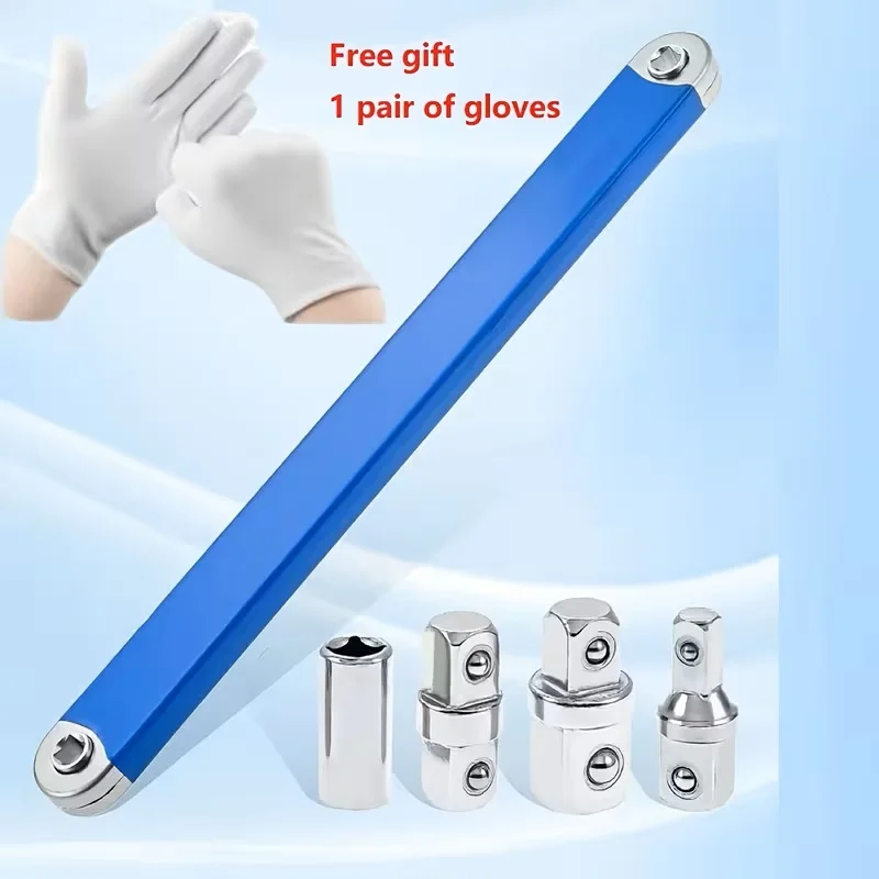 Ratcheting Offset Extension Wrench Set with 1/2 1/4 3/8 Inch Square Drive Adapters, Impact Resistant Compact Tool for Tight Space Mechanical Repair
