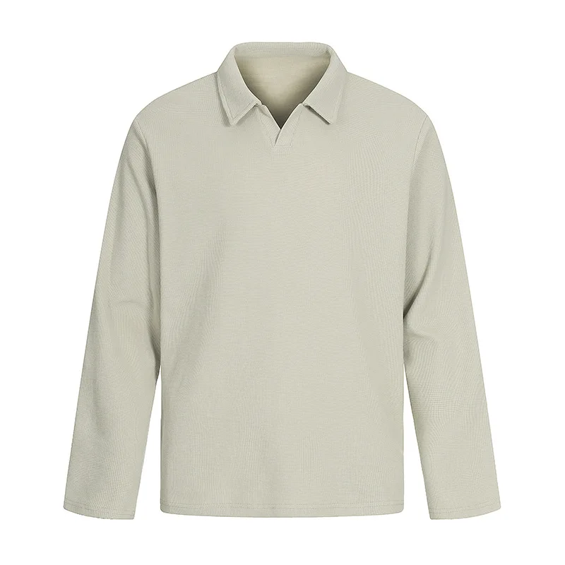 2026 Spring and Autumn Waffle Lapel Polo Shirt Men's Heavy 330g Loose Texture Simple Long Sleeve Bottom Shirt